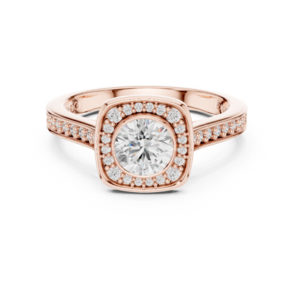 1.07ctw Round Diamond Bezel Cushion Halo Engagement Ring - Solid Gold