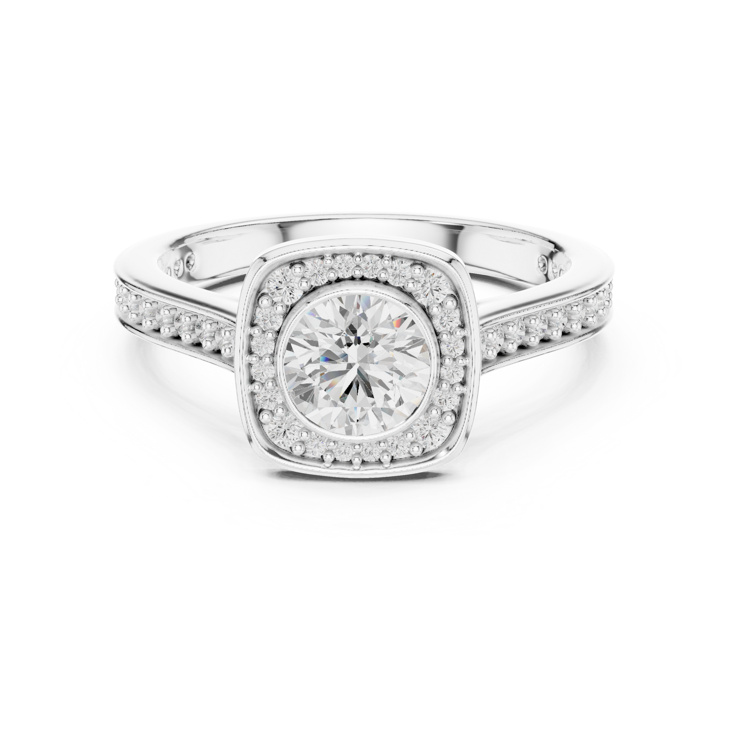 1.07ctw Round Diamond Bezel Cushion Halo Engagement Ring - Solid Gold