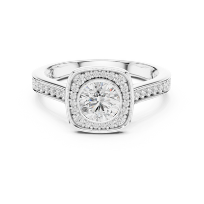 1.07ctw Round Diamond Bezel Cushion Halo Engagement Ring - Solid Gold