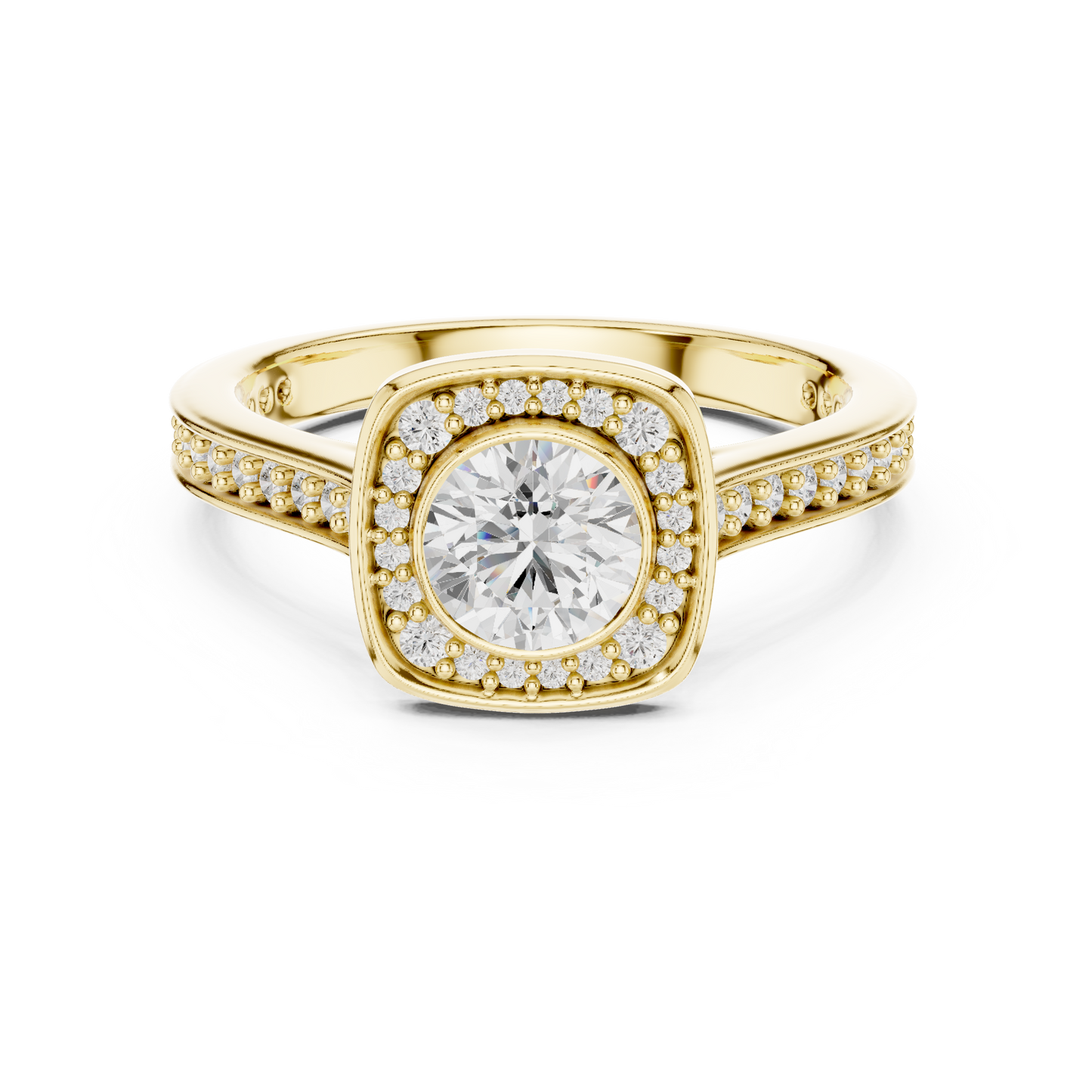 1.07ctw Round Diamond Bezel Cushion Halo Engagement Ring - Solid Gold