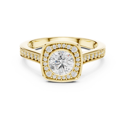 1.07ctw Round Diamond Bezel Cushion Halo Engagement Ring - Solid Gold