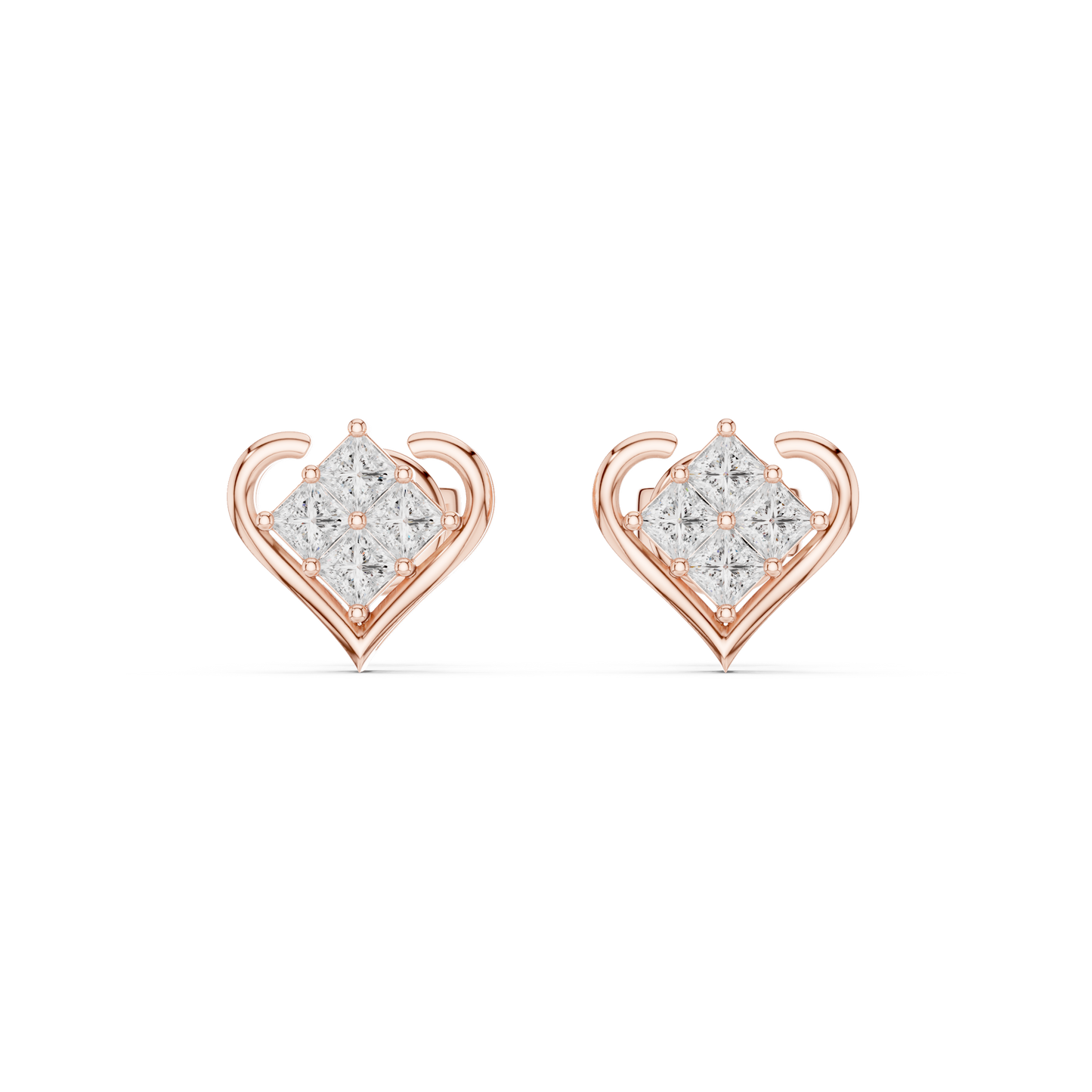 0.4CTW Princess Cut Diamond Cluster Heart Stud Earrings Yellow Gold