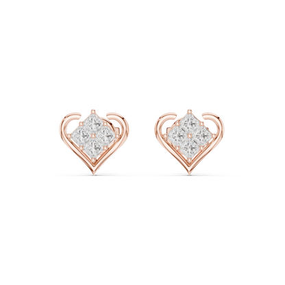 0.4CTW Princess Cut Diamond Cluster Heart Stud Earrings Yellow Gold