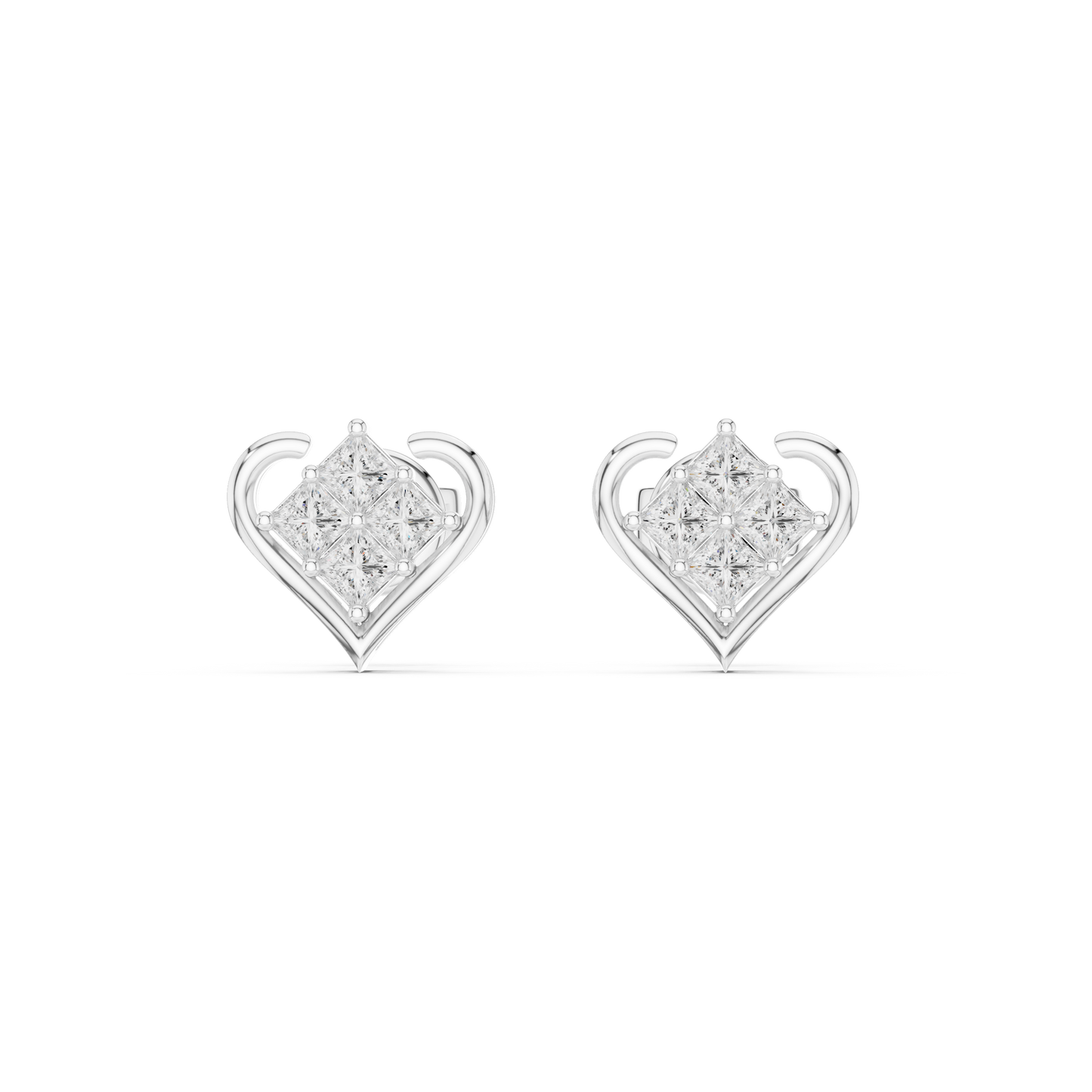 0.4CTW Princess Cut Diamond Cluster Heart Stud Earrings Yellow Gold