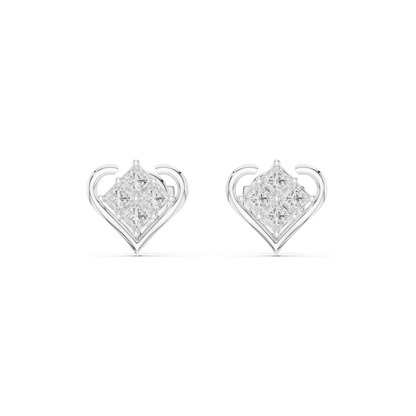 0.4CTW Princess Cut Diamond Cluster Heart Stud Earrings Yellow Gold