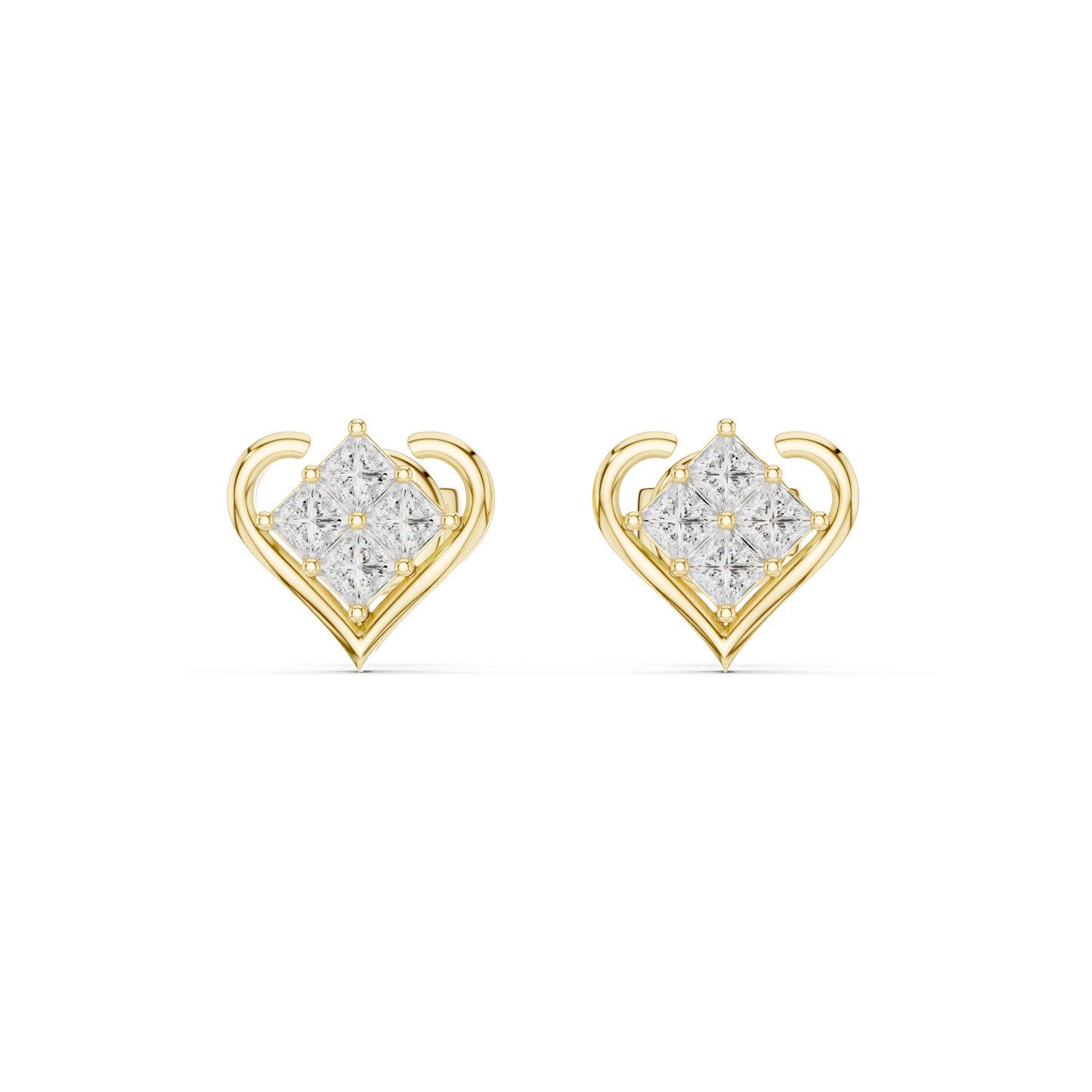 0.4CTW Princess Cut Diamond Cluster Heart Stud Earrings Yellow Gold