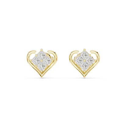 0.4CTW Princess Cut Diamond Cluster Heart Stud Earrings Yellow Gold