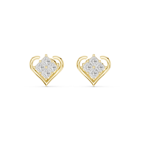 0.4CTW Princess Cut Diamond Cluster Heart Stud Earrings Yellow Gold