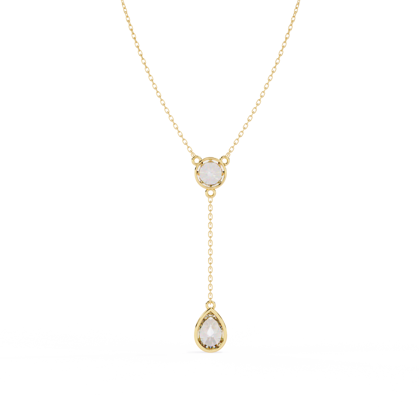 Timeless Solitaire Diamond Drop Necklace In Gold- 1.13 Ct Round and Pear Brilliant Cut