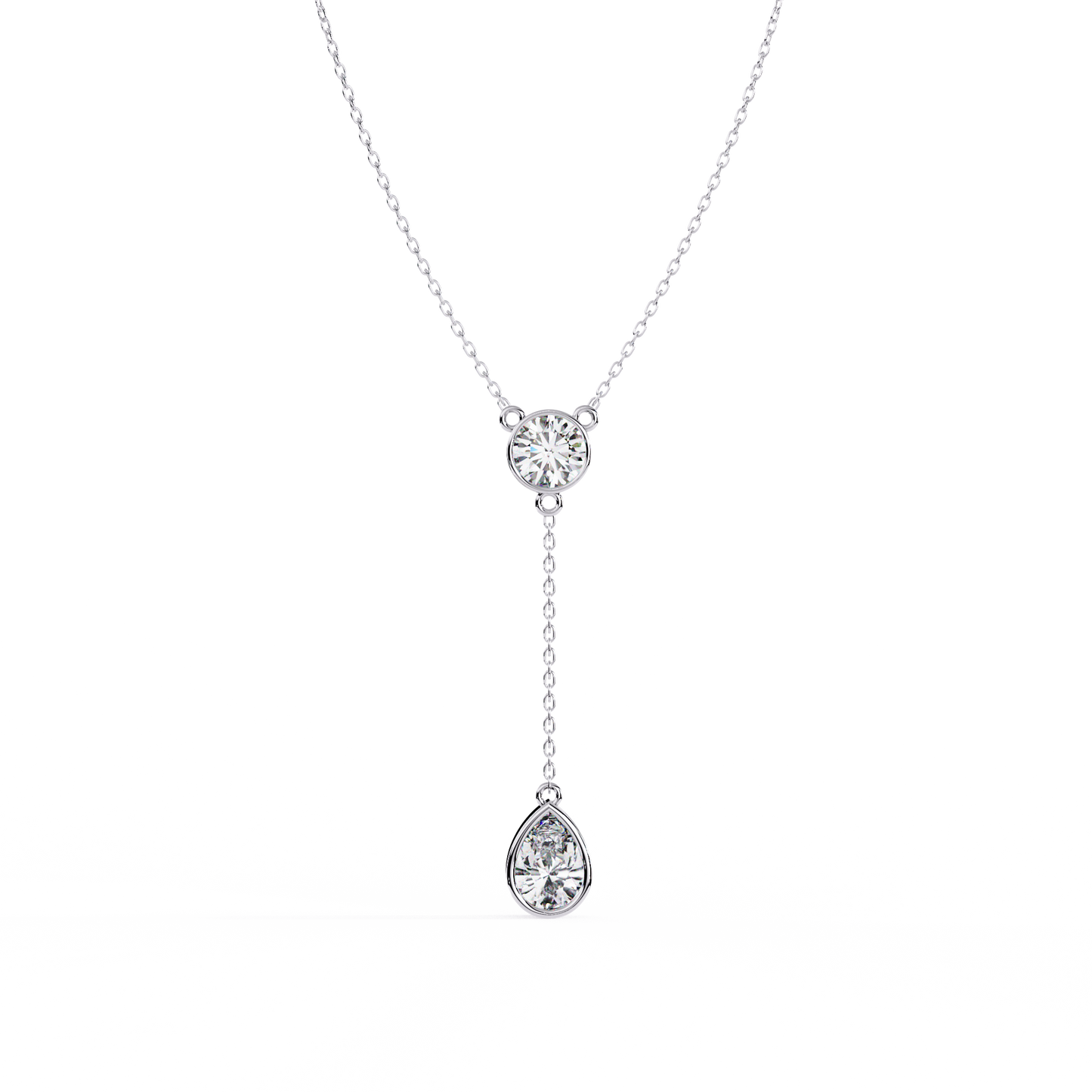 Timeless Solitaire Diamond Drop Necklace In Gold- 1.13 Ct Round and Pear Brilliant Cut