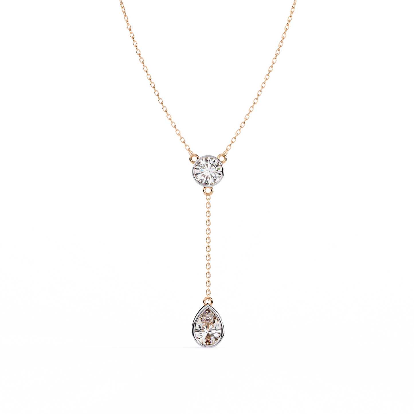Timeless Solitaire Diamond Drop Necklace In Gold- 1.13 Ct Round and Pear Brilliant Cut