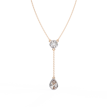 Timeless Solitaire Diamond Drop Necklace In Gold- 1.13 Ct Round and Pear Brilliant Cut