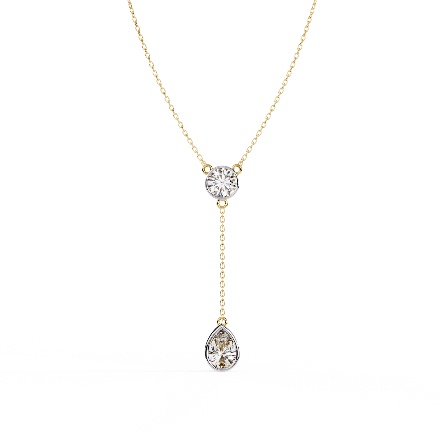 Timeless Solitaire Diamond Drop Necklace In Gold- 1.13 Ct Round and Pear Brilliant Cut