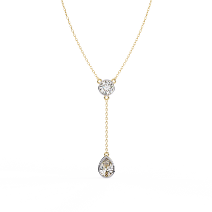 Timeless Solitaire Diamond Drop Necklace In Gold- 1.13 Ct Round and Pear Brilliant Cut