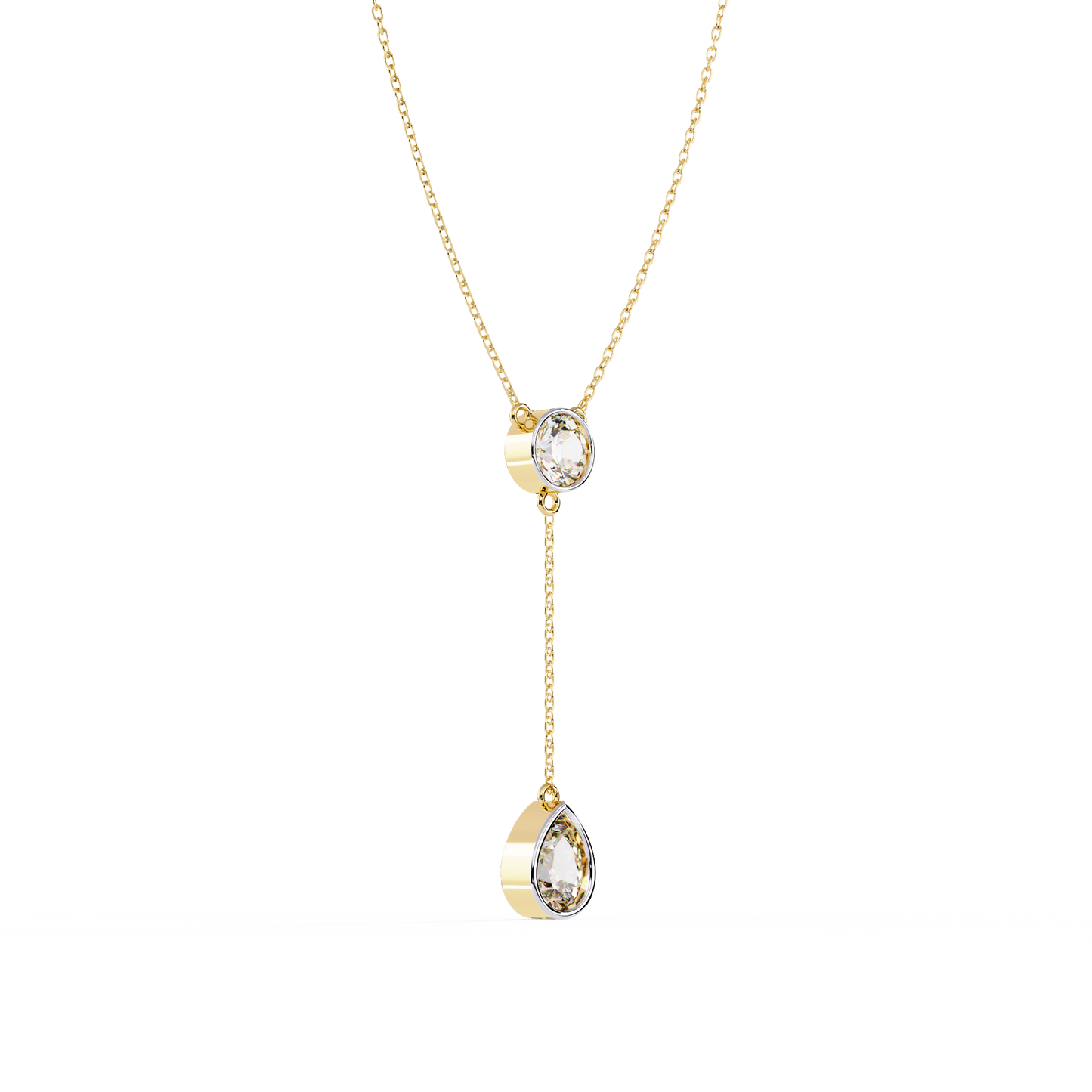 Timeless Solitaire Diamond Drop Necklace In Gold- 1.13 Ct Round and Pear Brilliant Cut