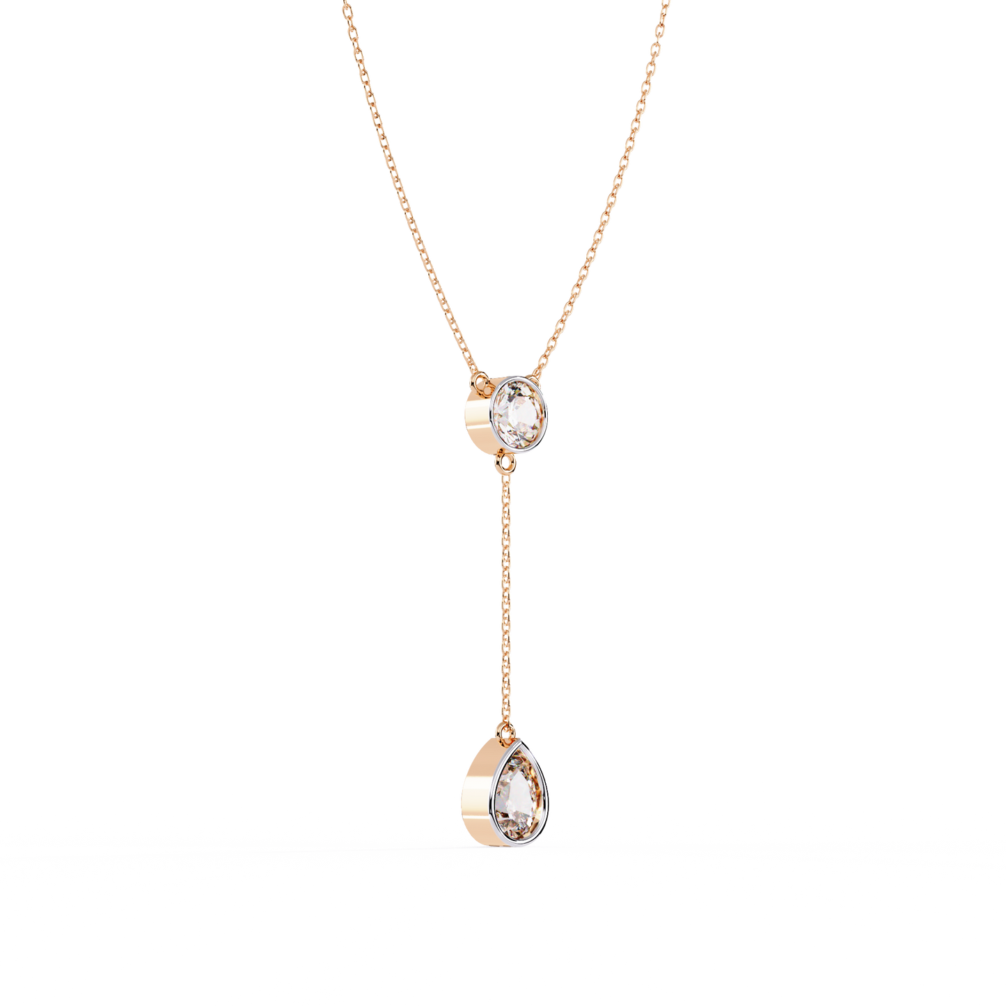 Timeless Solitaire Diamond Drop Necklace In Gold- 1.13 Ct Round and Pear Brilliant Cut