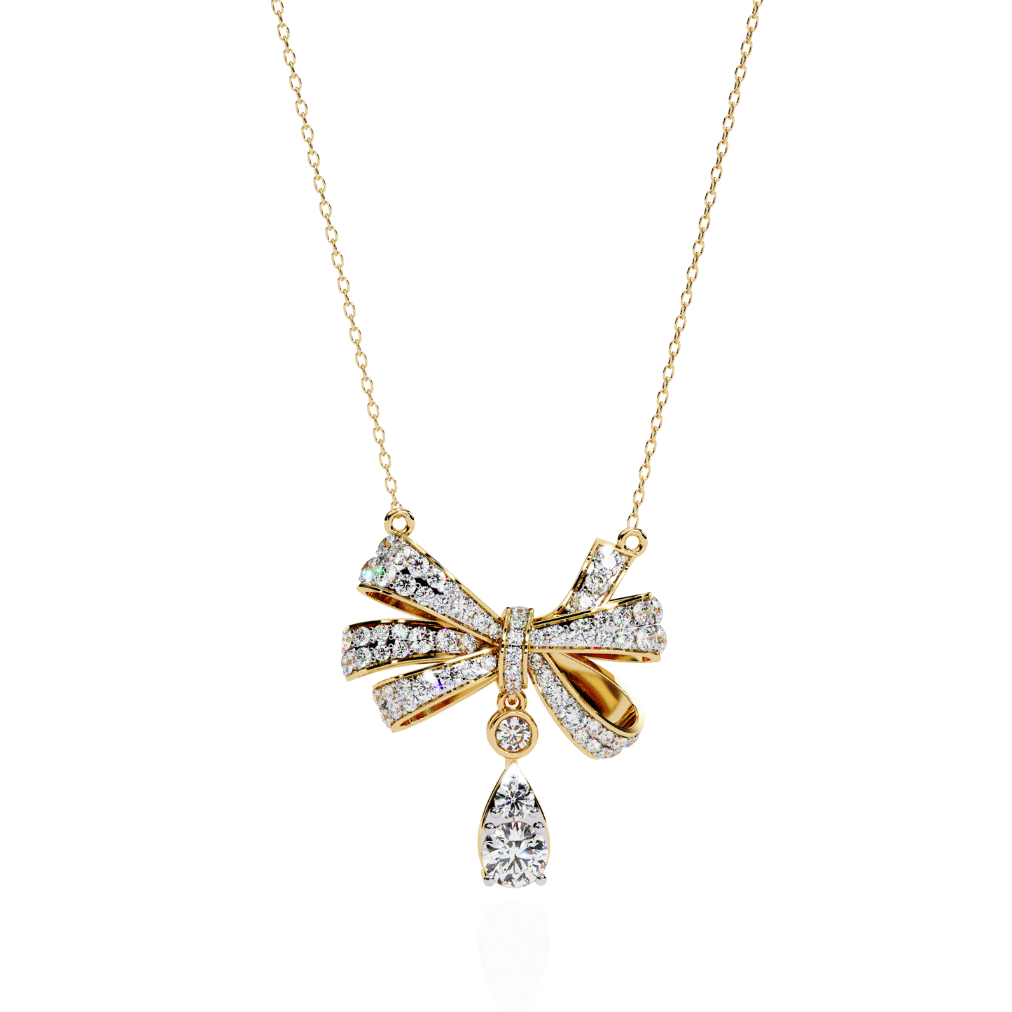 Diamond Ribbon Bow and Drop Gold Pendant Necklace - 1.69 Ct