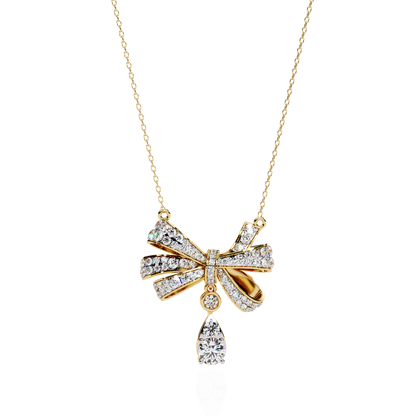Diamond Ribbon Bow and Drop Gold Pendant Necklace - 1.69 Ct