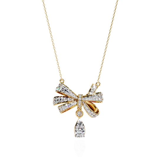 Diamond Ribbon Bow and Drop Gold Pendant Necklace - 1.69 Ct