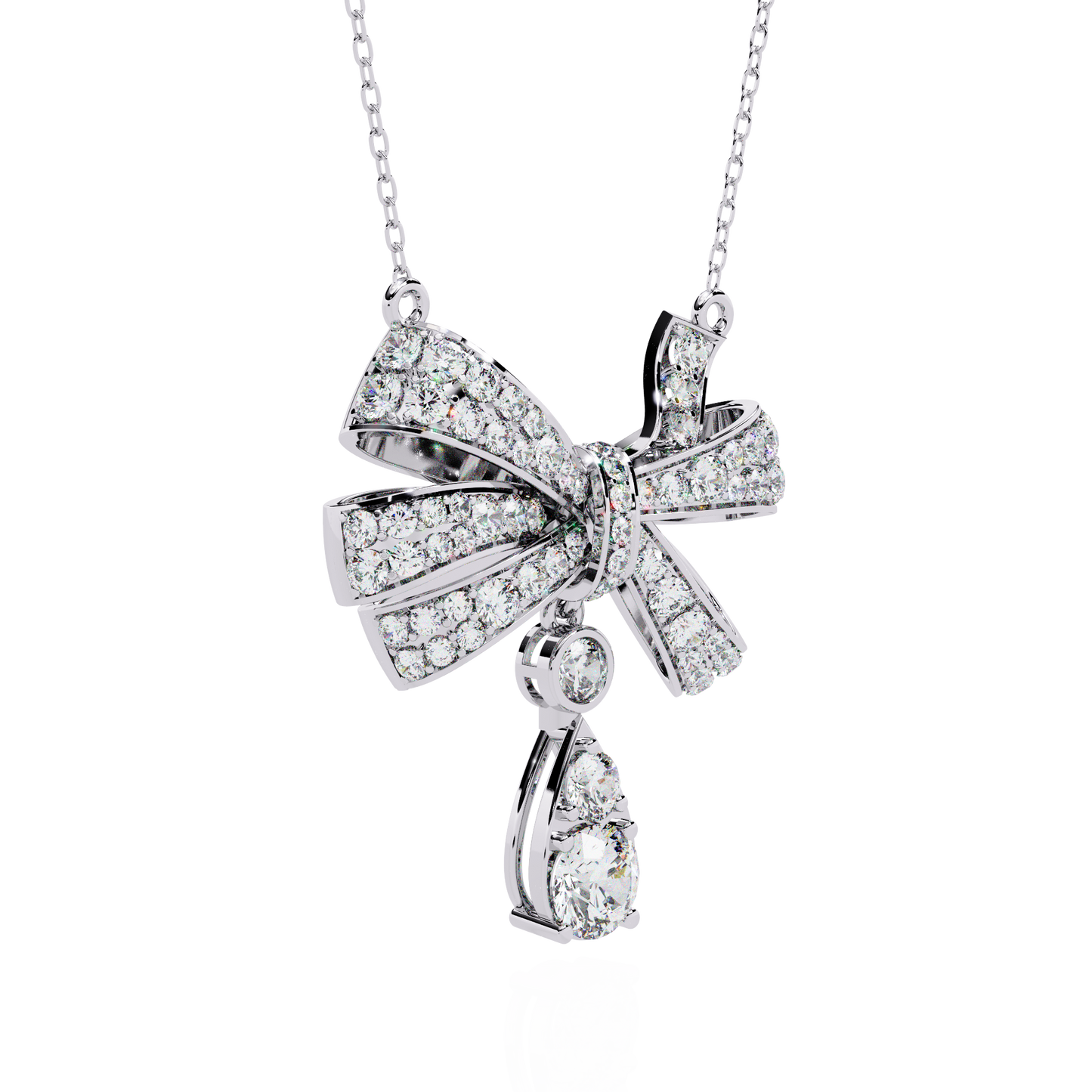 Diamond Ribbon Bow and Drop Gold Pendant Necklace - 1.69 Ct