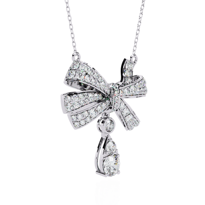 Diamond Ribbon Bow and Drop Gold Pendant Necklace - 1.69 Ct