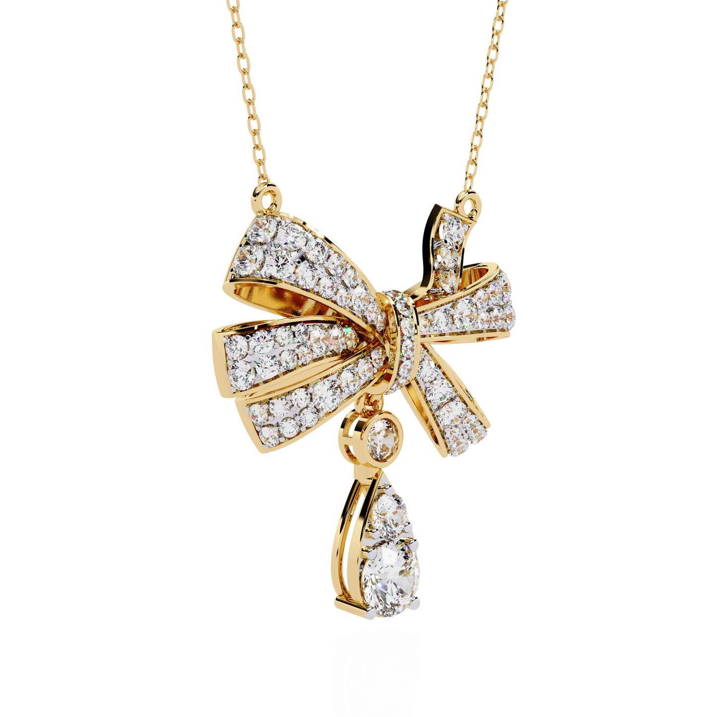 Diamond Ribbon Bow and Drop Gold Pendant Necklace - 1.69 Ct