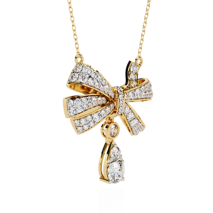 Diamond Ribbon Bow and Drop Gold Pendant Necklace - 1.69 Ct