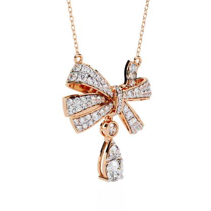 Diamond Ribbon Bow and Drop Gold Pendant Necklace - 1.69 Ct