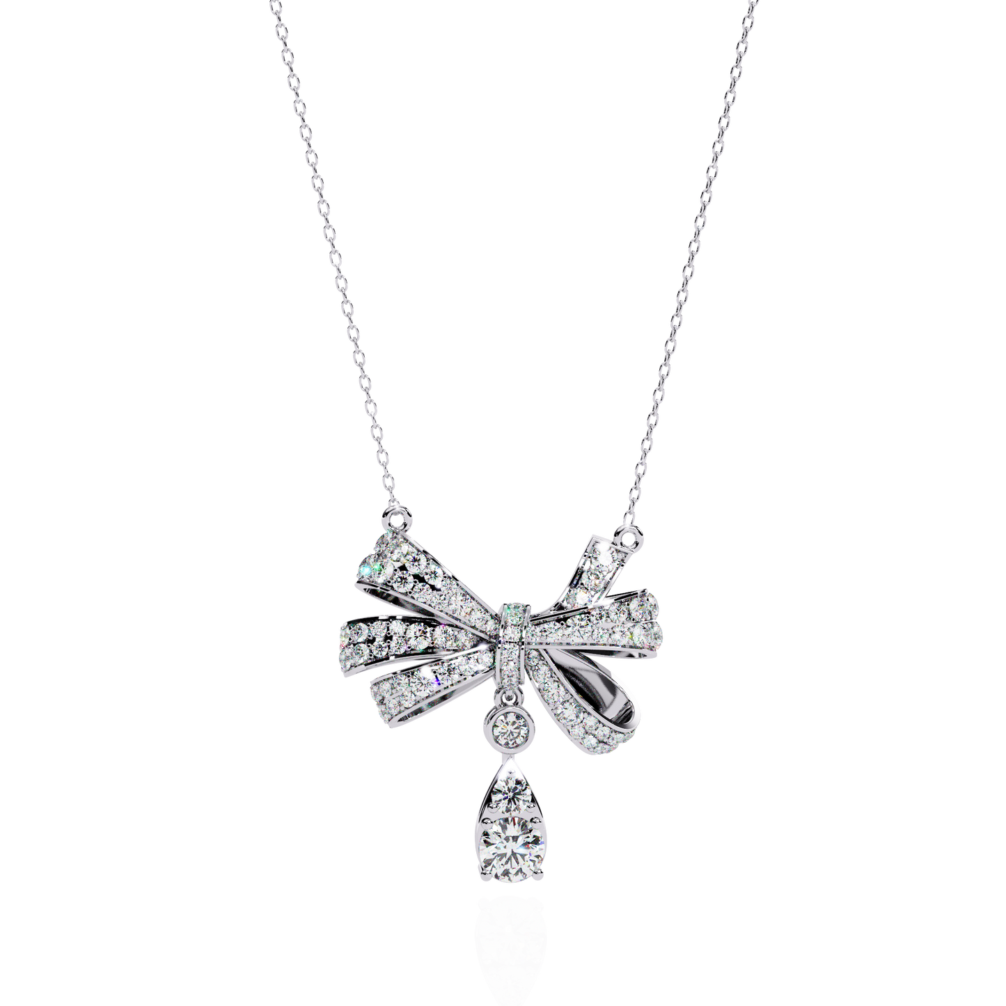Diamond Ribbon Bow and Drop Gold Pendant Necklace - 1.69 Ct