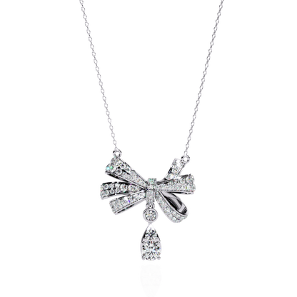 Diamond Ribbon Bow and Drop Gold Pendant Necklace - 1.69 Ct
