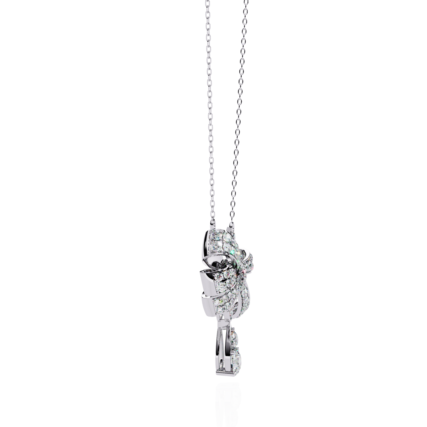 Diamond Ribbon Bow and Drop Gold Pendant Necklace - 1.69 Ct