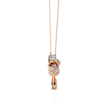 Diamond Ribbon Bow and Drop Gold Pendant Necklace - 1.69 Ct