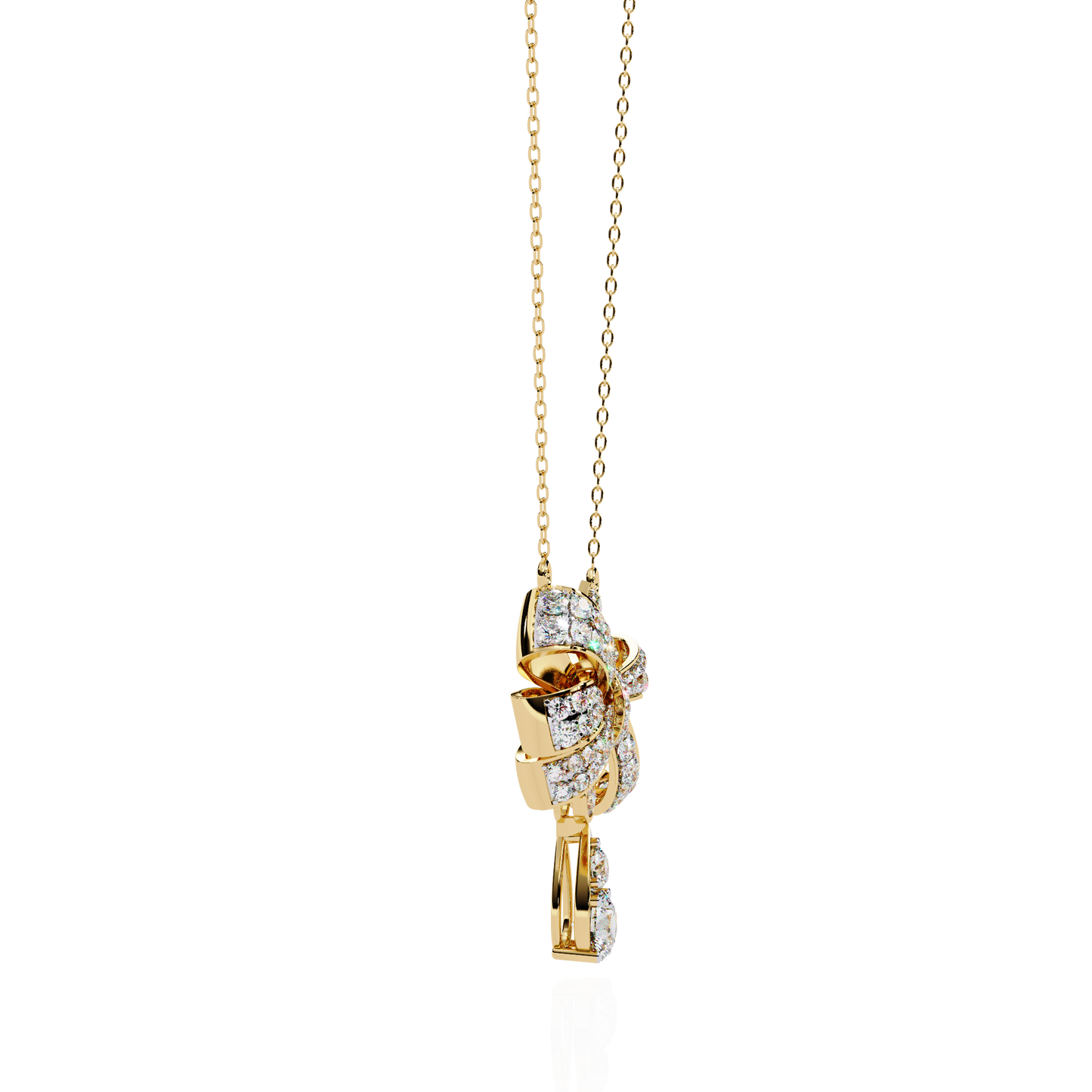 Diamond Ribbon Bow and Drop Gold Pendant Necklace - 1.69 Ct