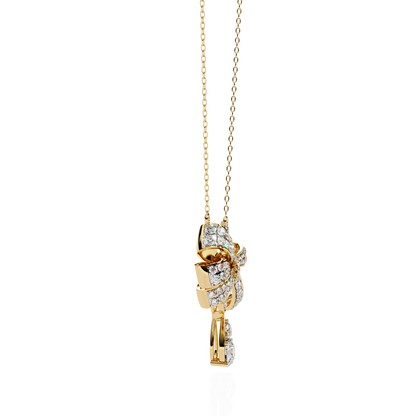 Diamond Ribbon Bow and Drop Gold Pendant Necklace - 1.69 Ct