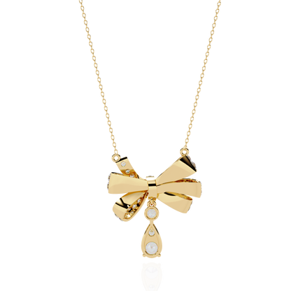 Diamond Ribbon Bow and Drop Gold Pendant Necklace - 1.69 Ct