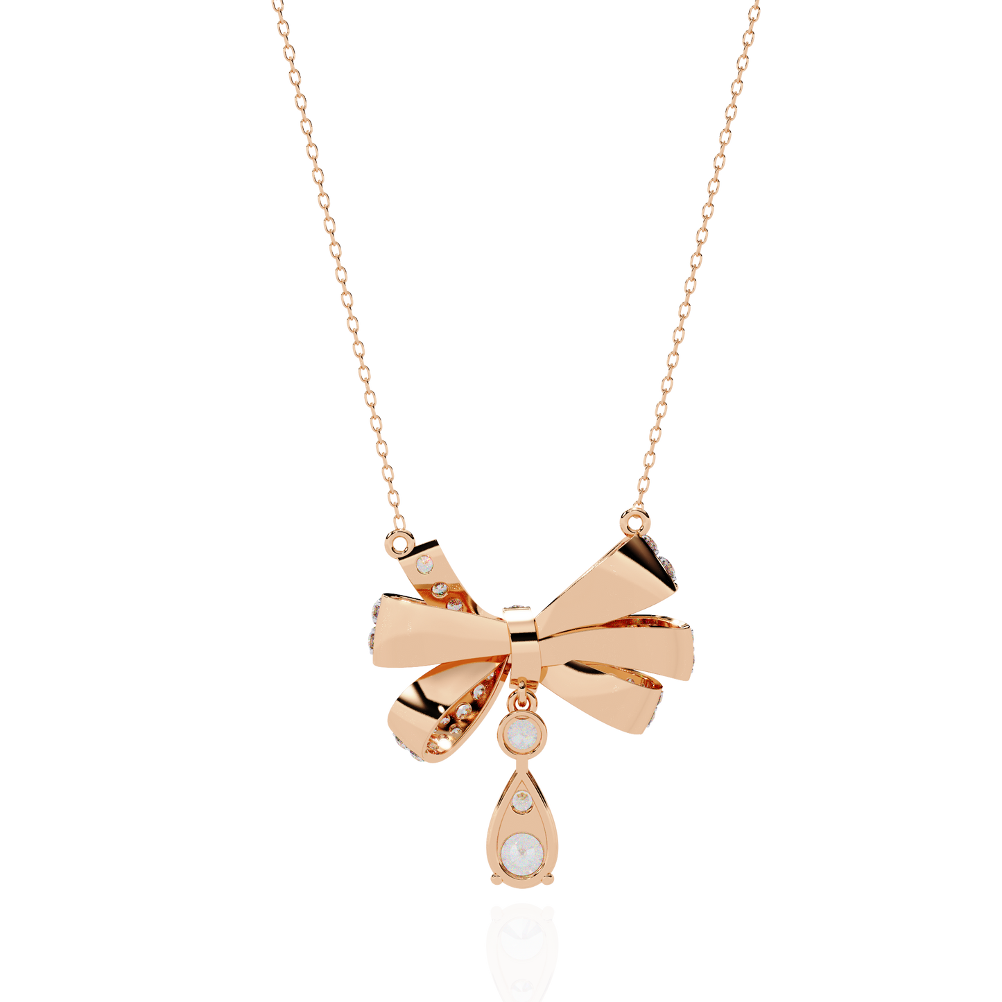 Diamond Ribbon Bow and Drop Gold Pendant Necklace - 1.69 Ct