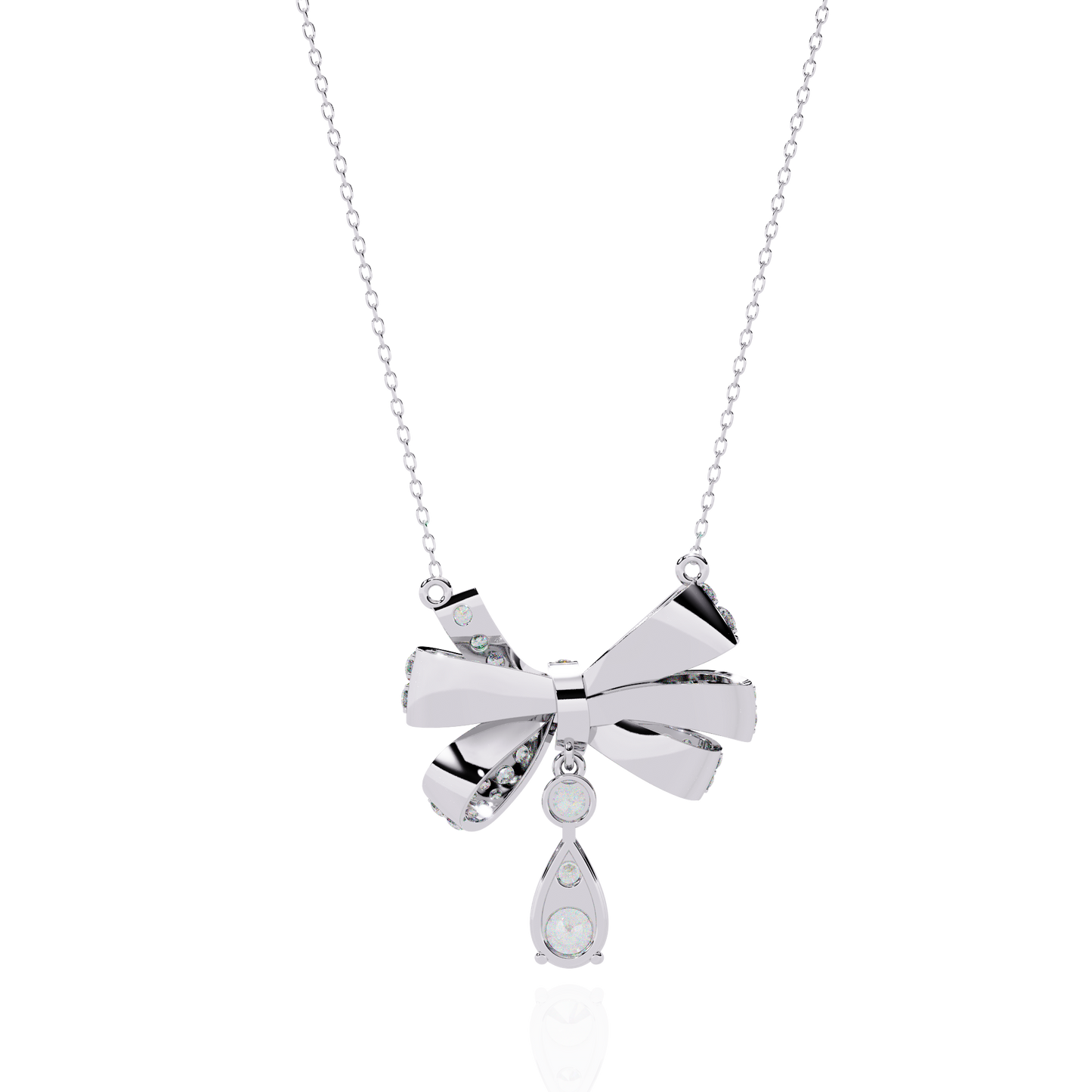 Diamond Ribbon Bow and Drop Gold Pendant Necklace - 1.69 Ct