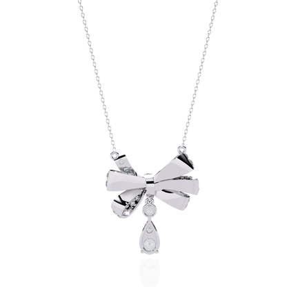 Diamond Ribbon Bow and Drop Gold Pendant Necklace - 1.69 Ct