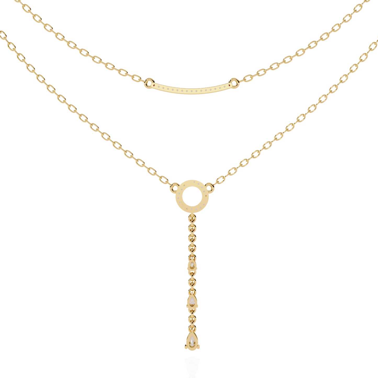 Gold Double-Layered Lariat & Curved Bar Necklace (0.49 CTW) Round & Pear Brilliant-Cut Diamonds