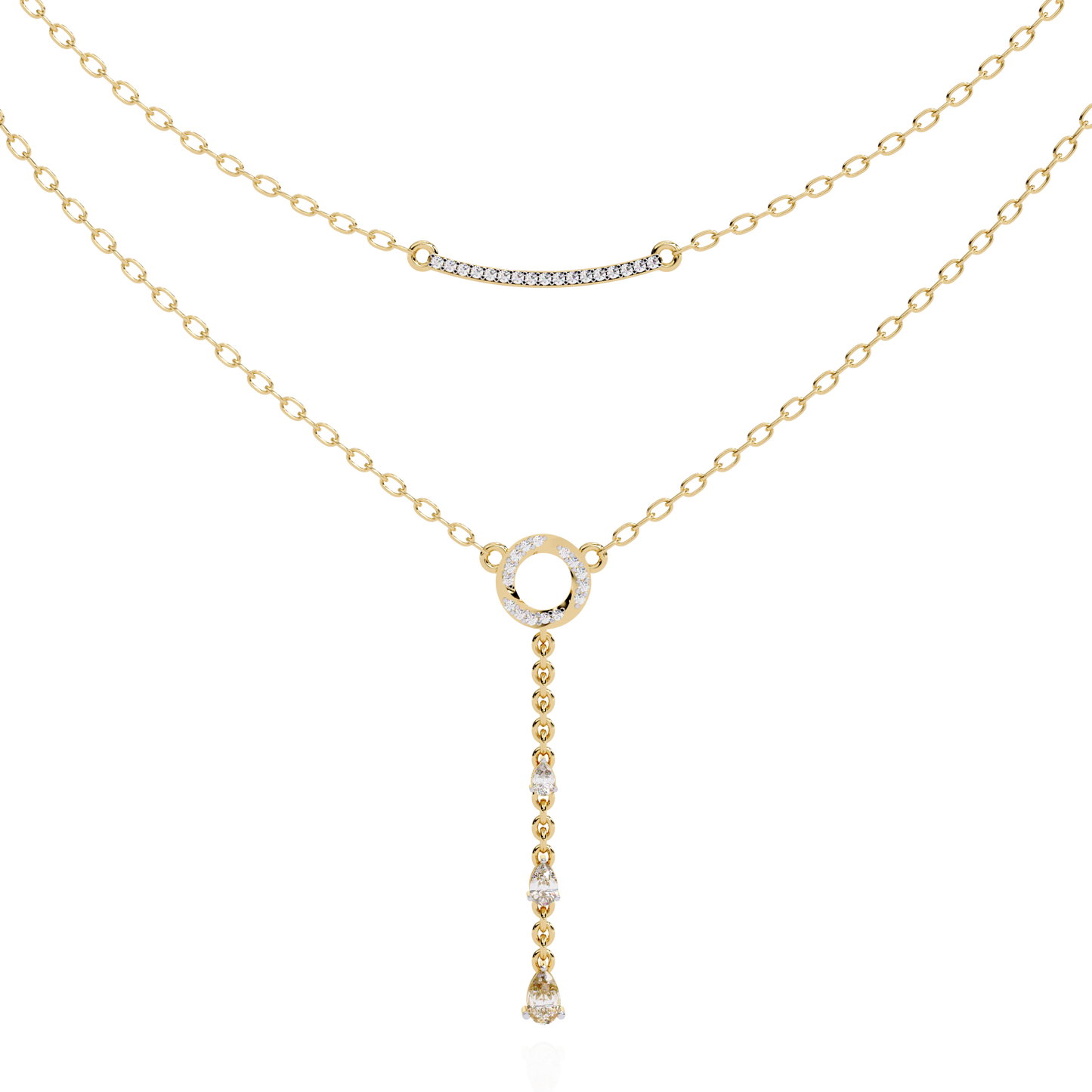 Gold Double-Layered Lariat & Curved Bar Necklace (0.49 CTW) Round & Pear Brilliant-Cut Diamonds