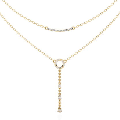 Gold Double-Layered Lariat & Curved Bar Necklace (0.49 CTW) Round & Pear Brilliant-Cut Diamonds