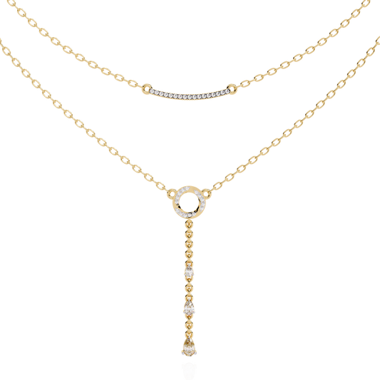 Gold Double-Layered Lariat & Curved Bar Necklace (0.49 CTW) Round & Pear Brilliant-Cut Diamonds