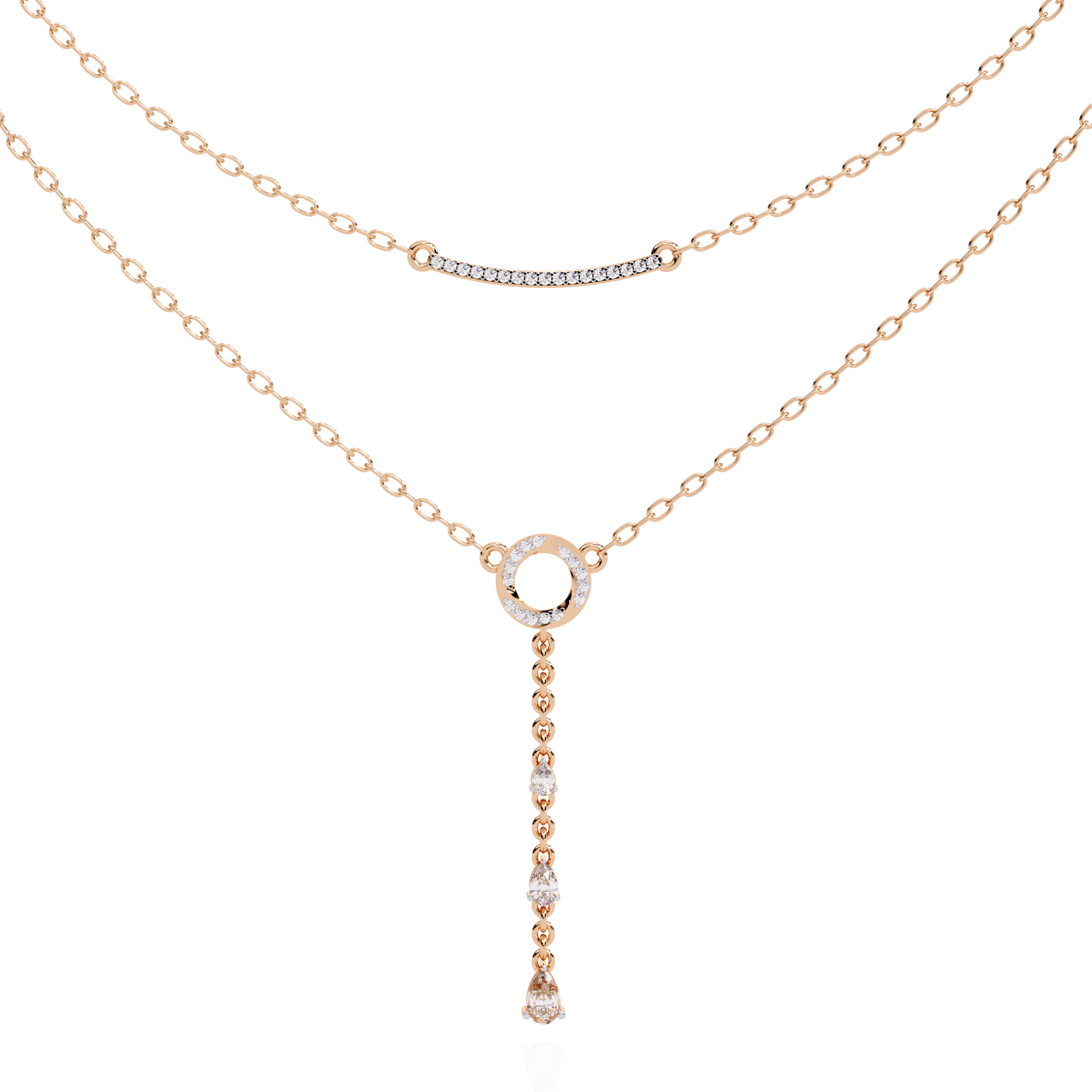 Gold Double-Layered Lariat & Curved Bar Necklace (0.49 CTW) Round & Pear Brilliant-Cut Diamonds