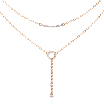 Gold Double-Layered Lariat & Curved Bar Necklace (0.49 CTW) Round & Pear Brilliant-Cut Diamonds