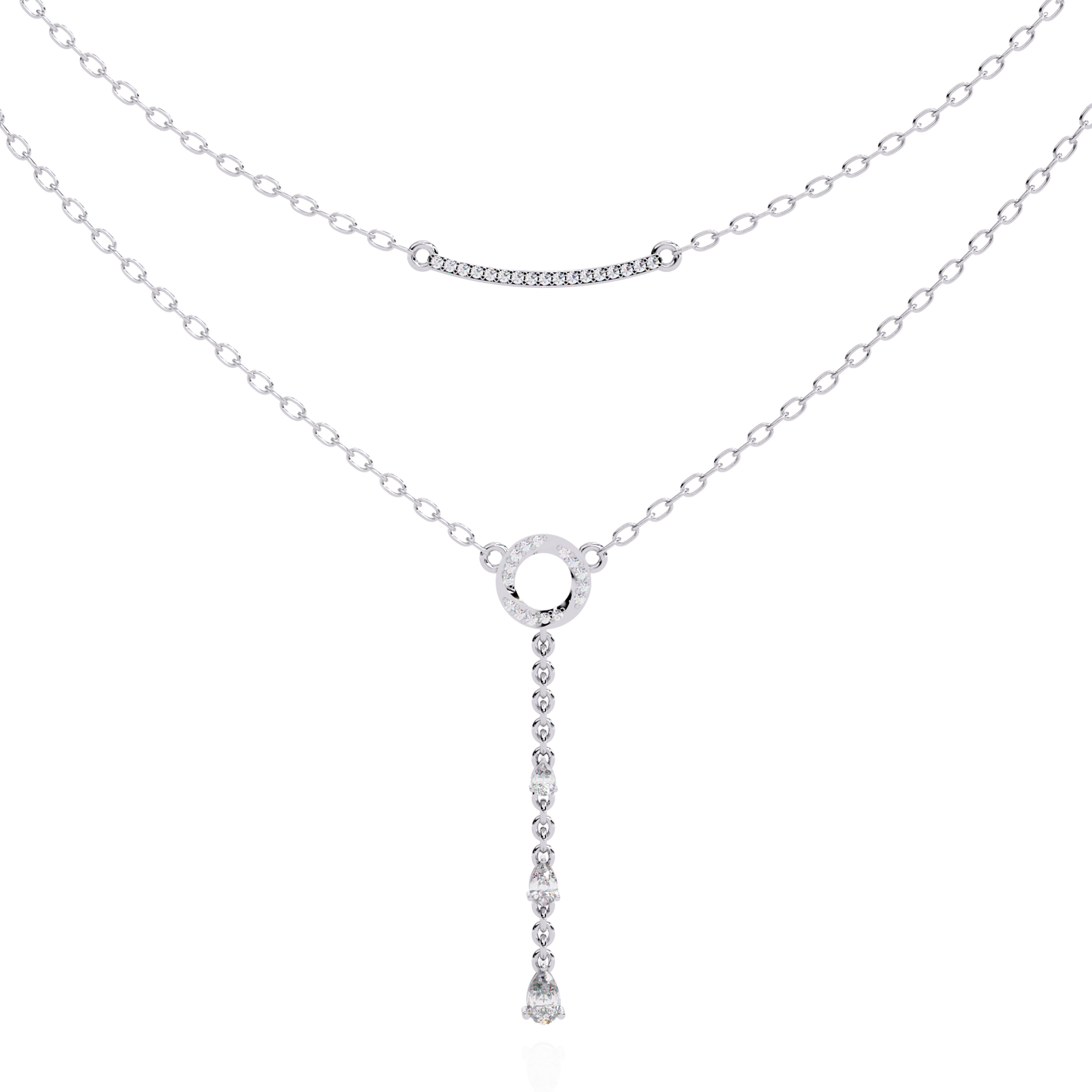 Gold Double-Layered Lariat & Curved Bar Necklace (0.49 CTW) Round & Pear Brilliant-Cut Diamonds