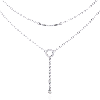 Gold Double-Layered Lariat & Curved Bar Necklace (0.49 CTW) Round & Pear Brilliant-Cut Diamonds