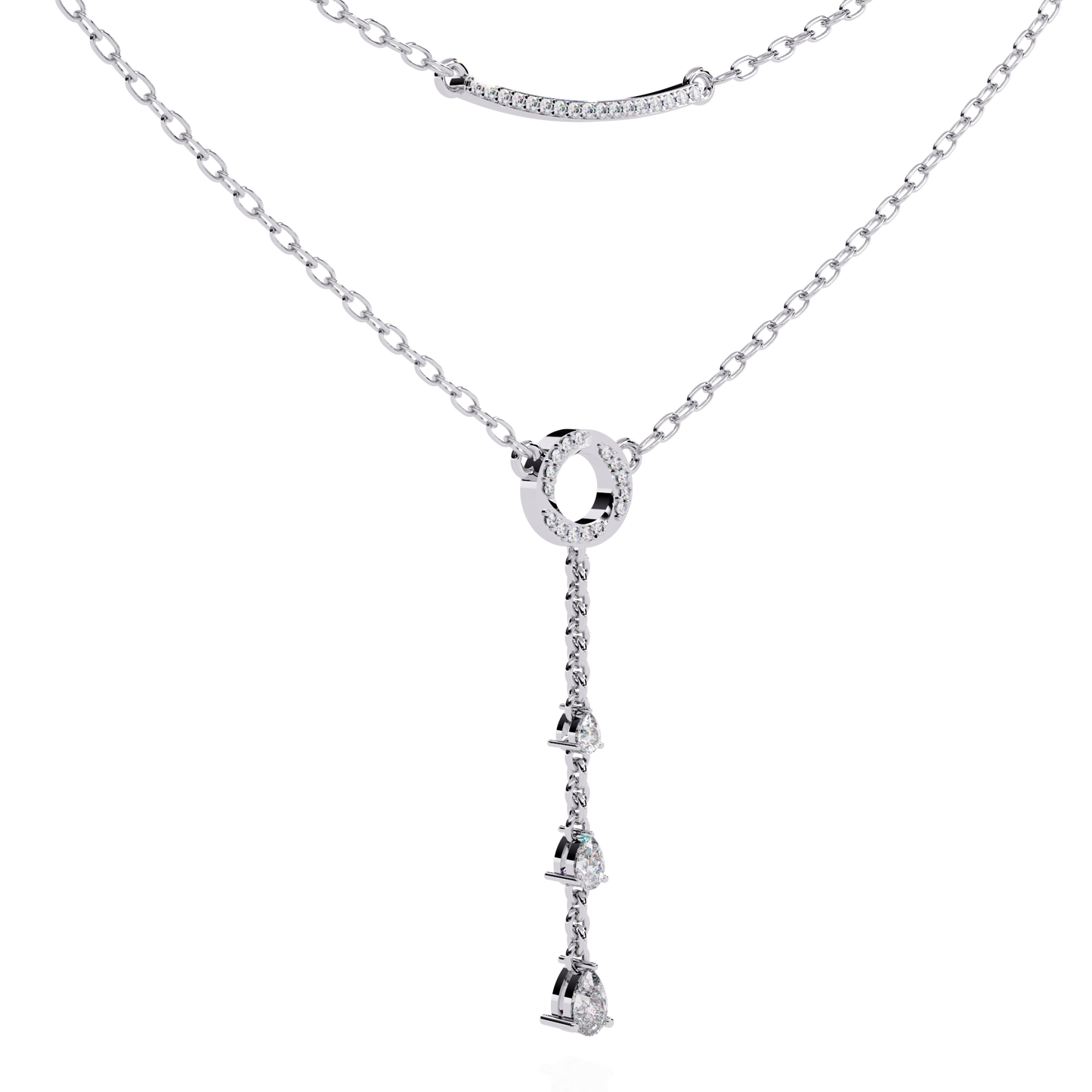 Gold Double-Layered Lariat & Curved Bar Necklace (0.49 CTW) Round & Pear Brilliant-Cut Diamonds