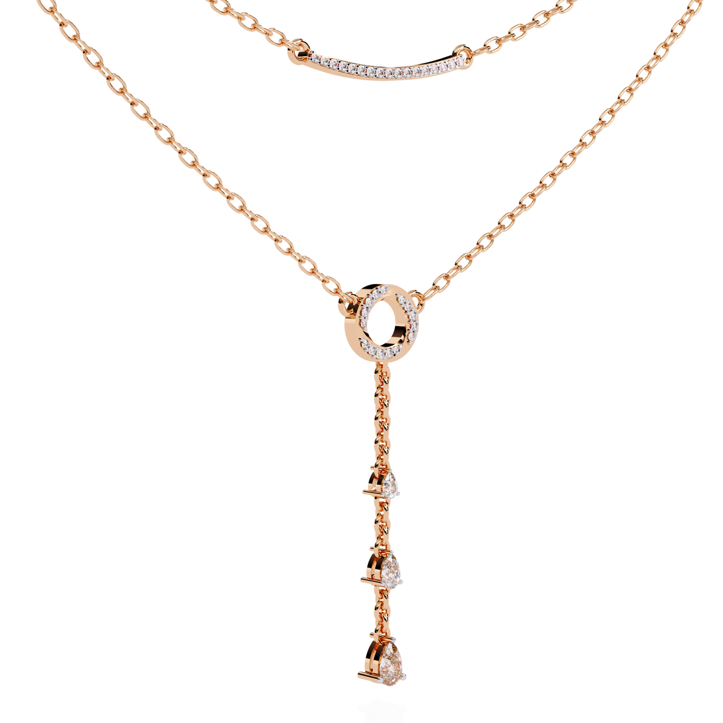 Gold Double-Layered Lariat & Curved Bar Necklace (0.49 CTW) Round & Pear Brilliant-Cut Diamonds