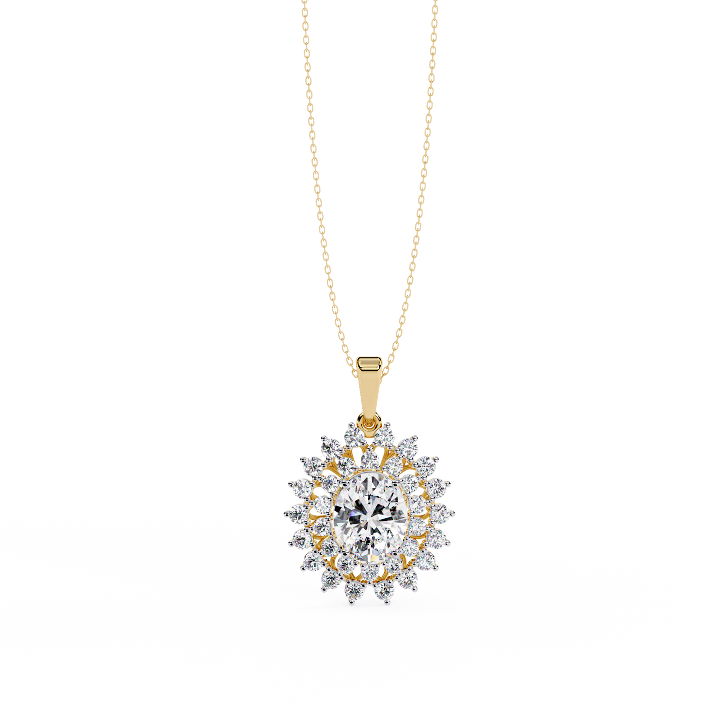 The "Majesty": (3.41CTW) Oval Diamond Sunburst Pendant in Yellow Gold