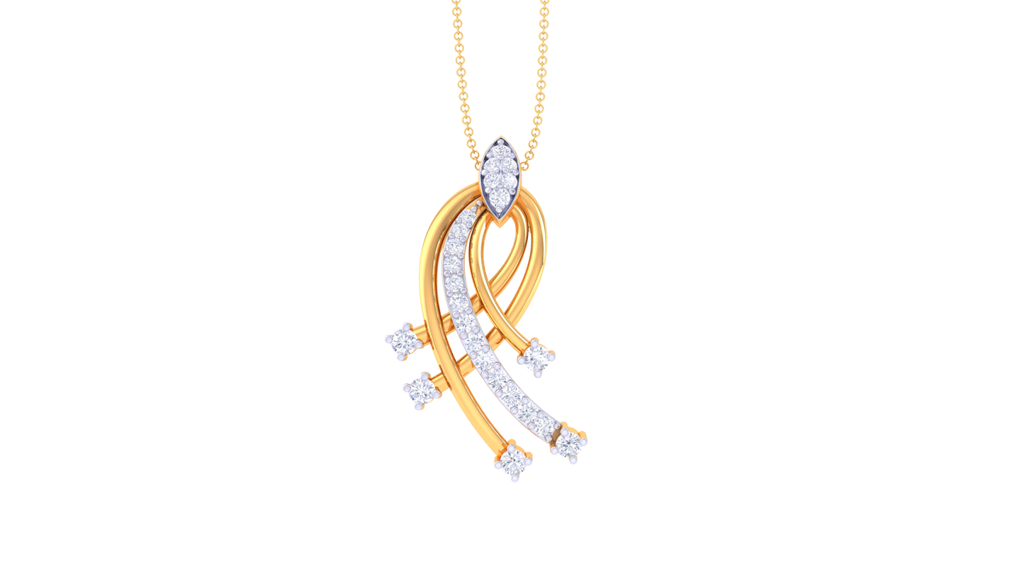 Curved Golden Pendant - 0.21 Ct Diamonds In Flowing Wave Design